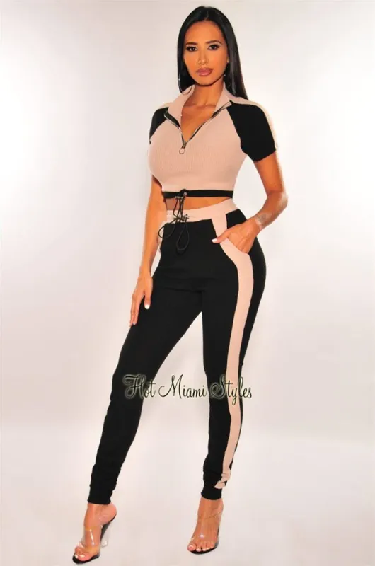 HMS Lounge: Nude Black Short Sleeves High Waist Pants Two Piece Set sold by Hot Miami Styles