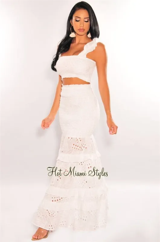 White Smocked Ruffle Crochet Maxi Skirt Two Piece Set sold by Hot Miami Styles