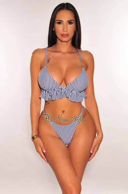 Navy Stripes Padded Ruffle Scrunch Butt Bikini sold by Hot Miami Styles