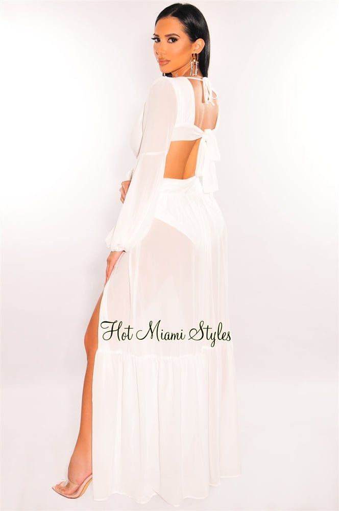 White Mesh V Neck Cut Out Long Sleeves Double Slit Maxi Dress sold by Hot Miami Styles product image thumbnail 2