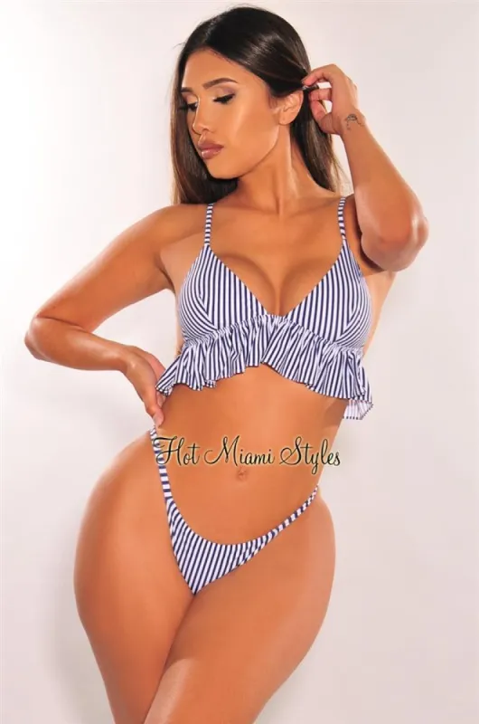 Navy Stripes Padded Ruffle Scrunch Butt Bikini Bottom sold by Hot Miami Styles