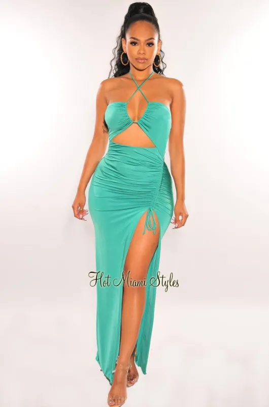 Emerald Halter Cut Out Ruched Slit Maxi Dress sold by Hot Miami Styles