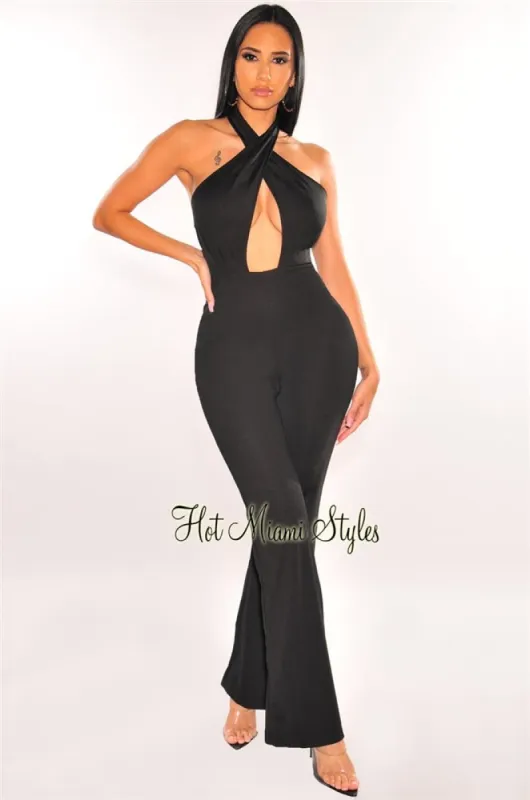 Black Halter CrissCross Cut Out Palazzo Jumpsuit sold by Hot Miami Styles