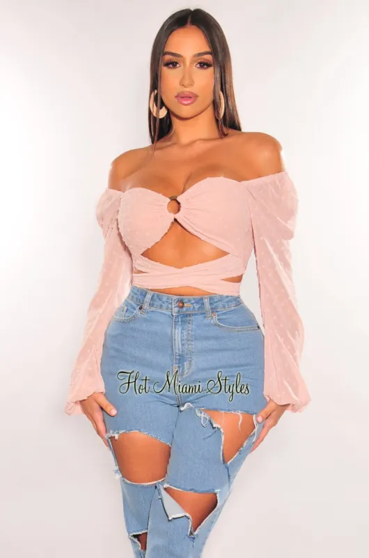 Blush O-Ring Cut Out Long Sleeve Wrap Around Crop Top sold by Hot Miami Styles