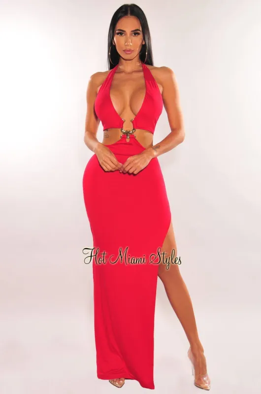 Red Halter Gold Ring Slit Maxi Dress sold by Hot Miami Styles