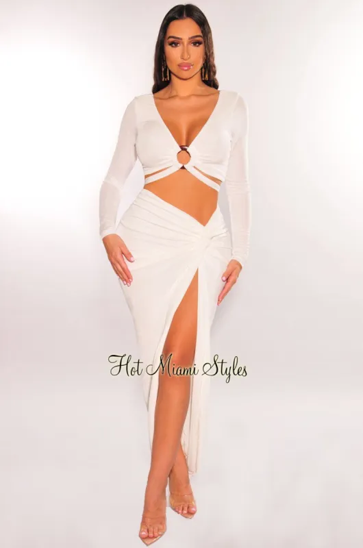 White O-Ring Wrap Around Long Sleeve Slit Skirt Two Piece Set sold by Hot Miami Styles