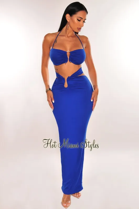Royal Blue Gold Ring Halter Maxi Skirt Two Piece Set sold by Hot Miami Styles