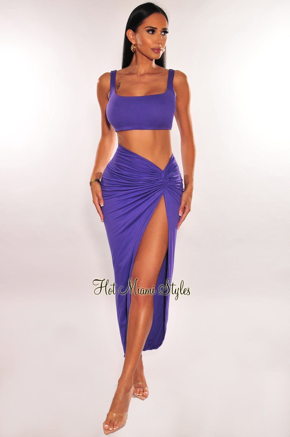 Purple Double Lined Tank Knotted Slit Maxi Skirt Two Piece Set sold by Hot Miami Styles