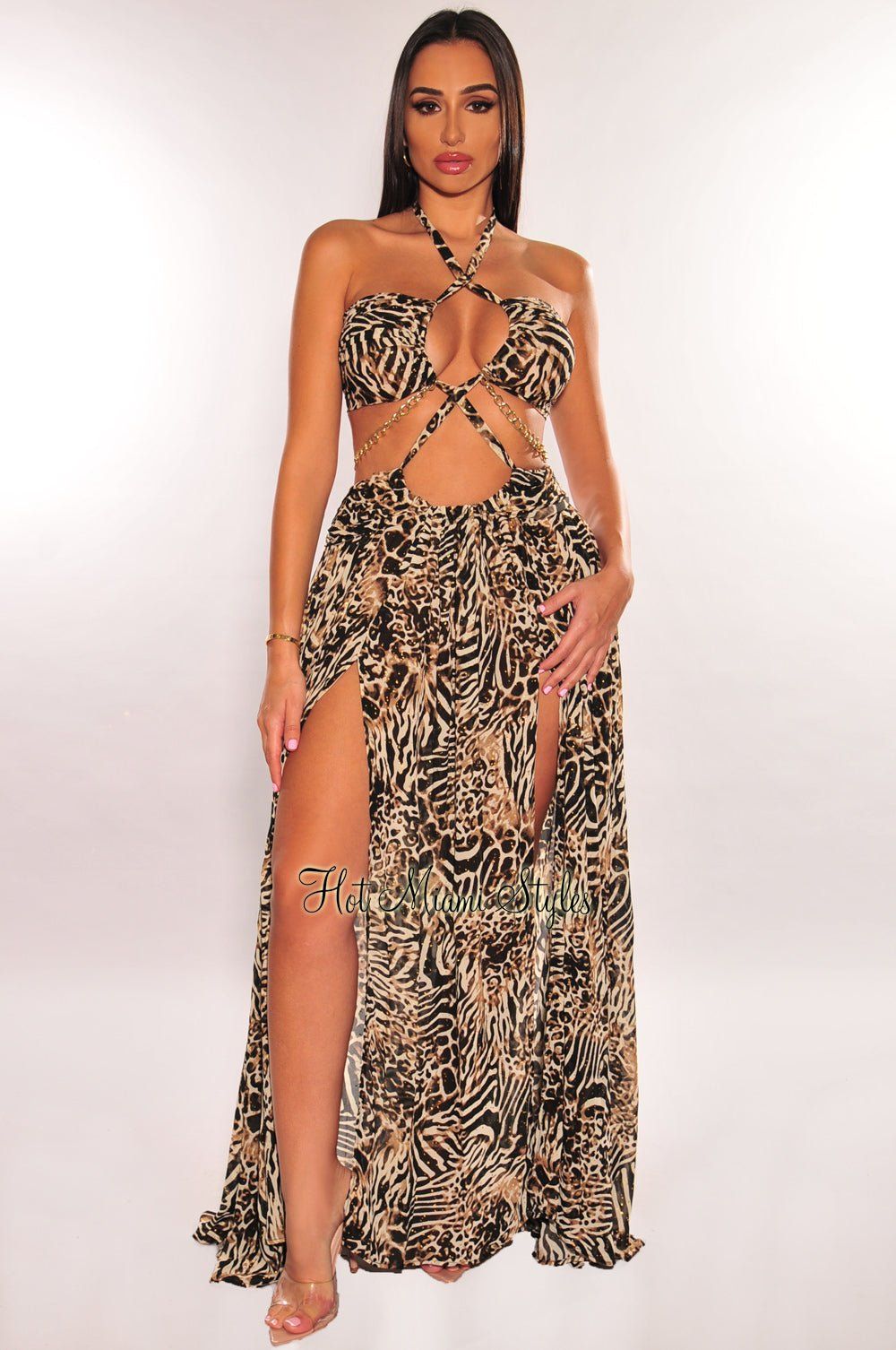 Animal Print Halter Cut Out Gold Chain Belted Double Slit Maxi Dress sold by Hot Miami Styles
