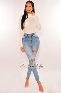 Off White Turtle Neck Fuzzy Ribbed Knit Long Sleeve Bodysuit sold by Hot Miami Styles