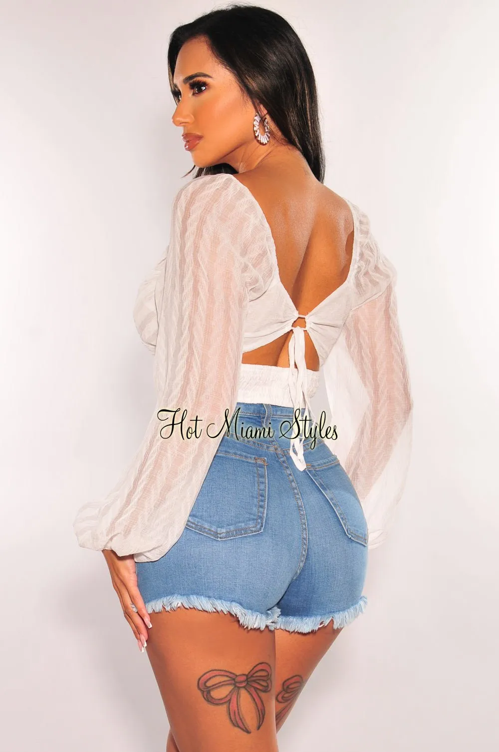 White Long Sleeves Cut Out Back Crop Top sold by Hot Miami Styles product image thumbnail 2