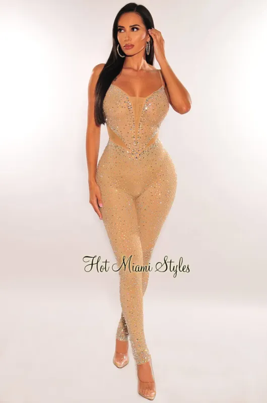 Nude Mesh Illusion Silver Rhinestone Spaghetti Straps Jumpsuit sold by Hot Miami Styles