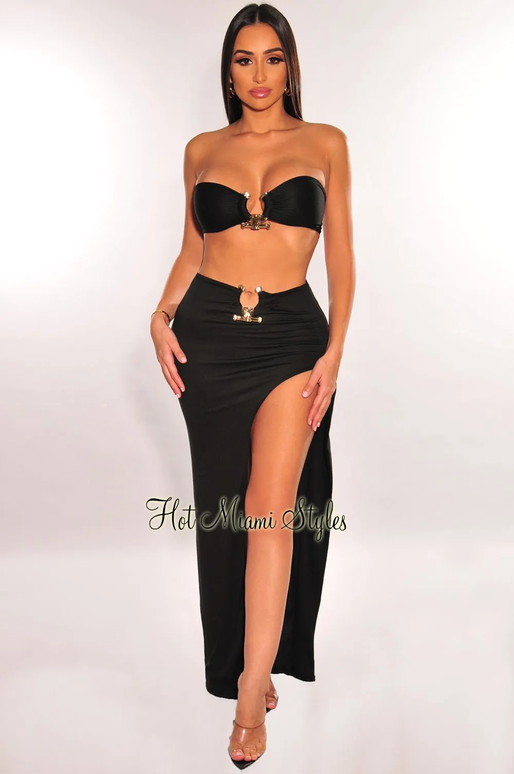 Black Strapless Tie Up Gold Ring Slit Skirt Two Piece Set sold by Hot Miami Styles