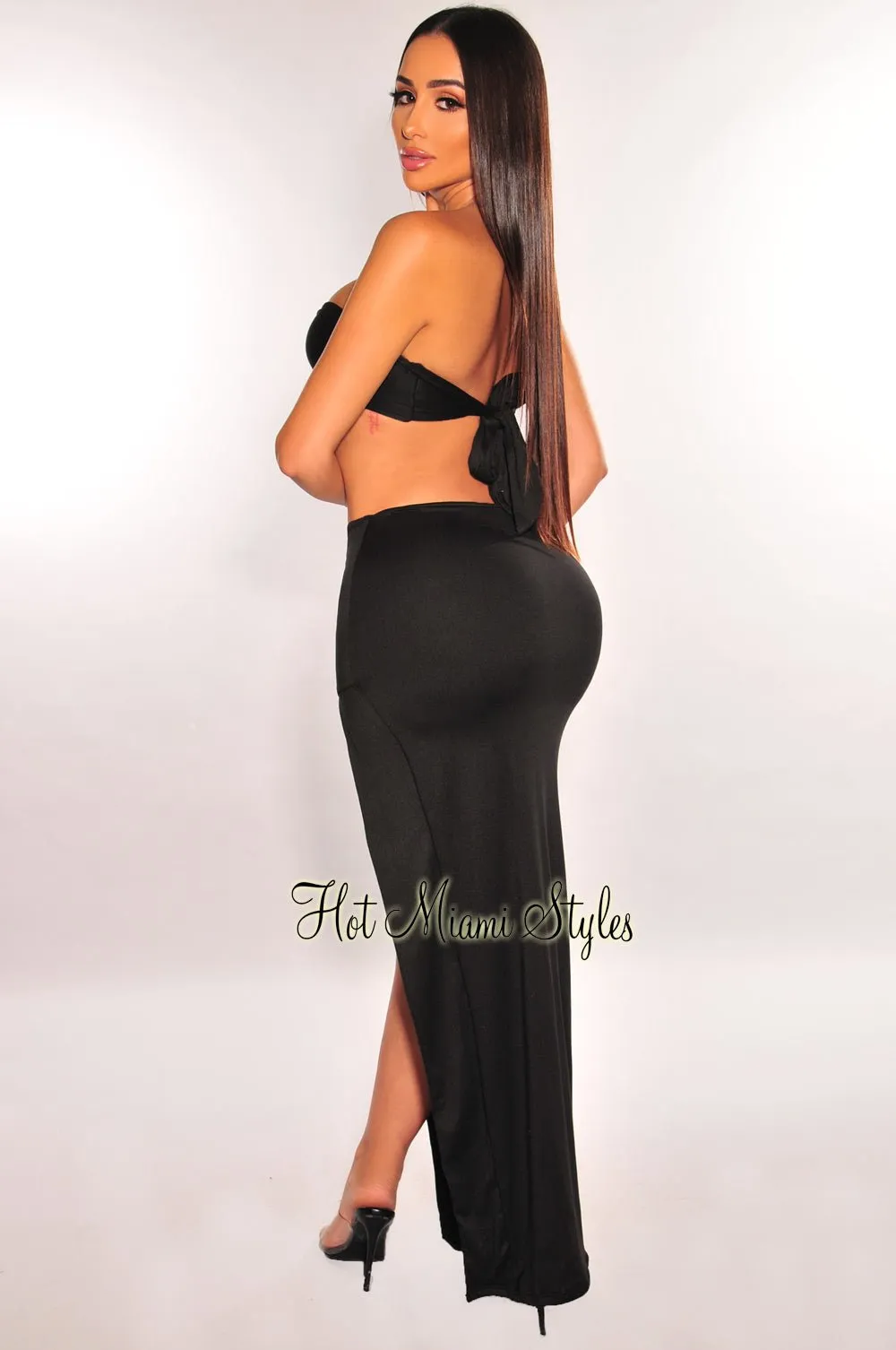 Black Strapless Tie Up Gold Ring Slit Skirt Two Piece Set sold by Hot Miami Styles product image thumbnail 2