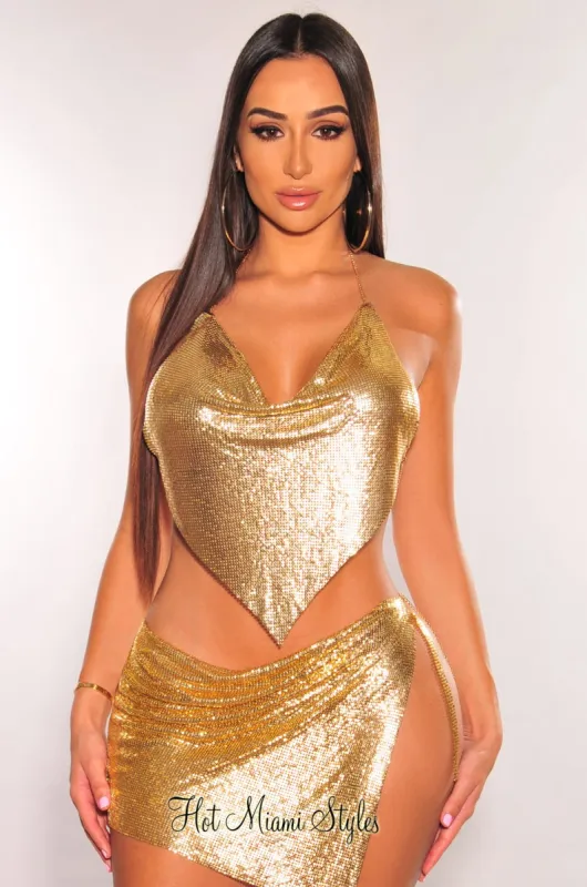 Gold Metallic Chainmail Halter V Hem Crop Top sold by Hot Miami Styles