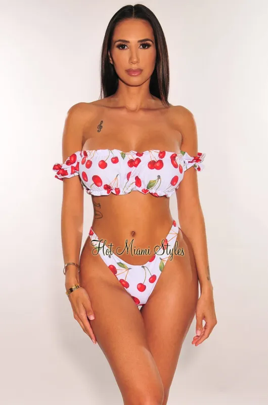 White Red Cherry Off Shoulder Ruffle Trim Bikini sold by Hot Miami Styles