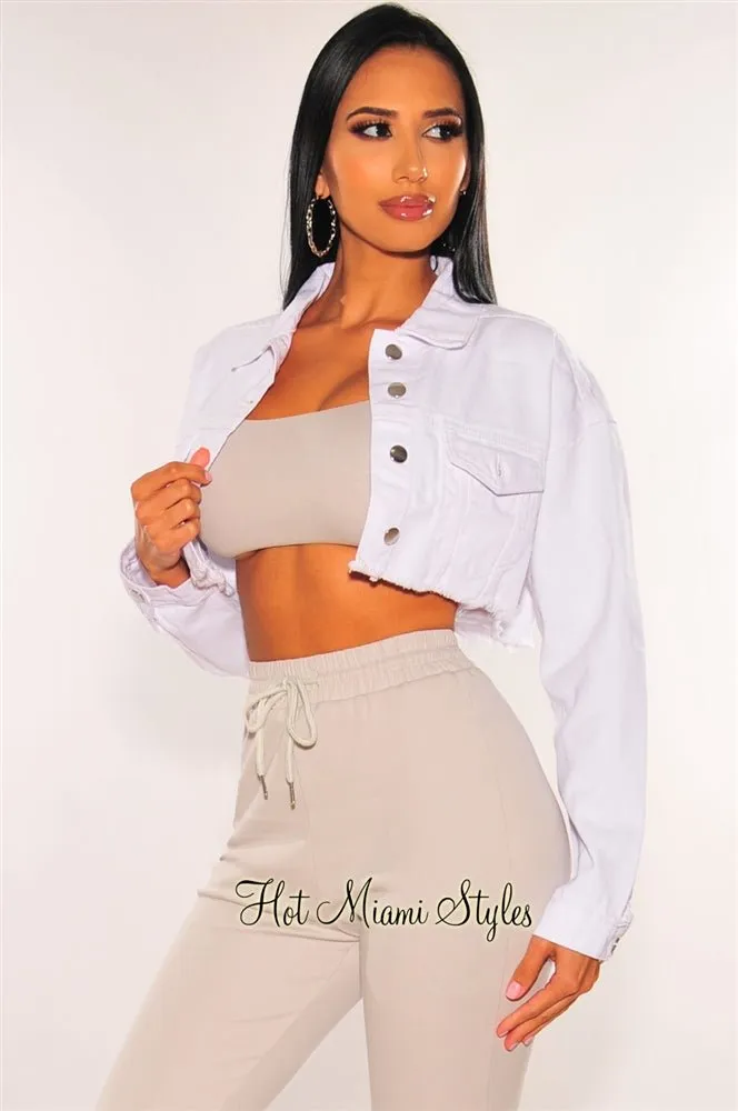 White Denim Long Sleeve Destroyed Back Cropped Jacket sold by Hot Miami Styles product image thumbnail 2