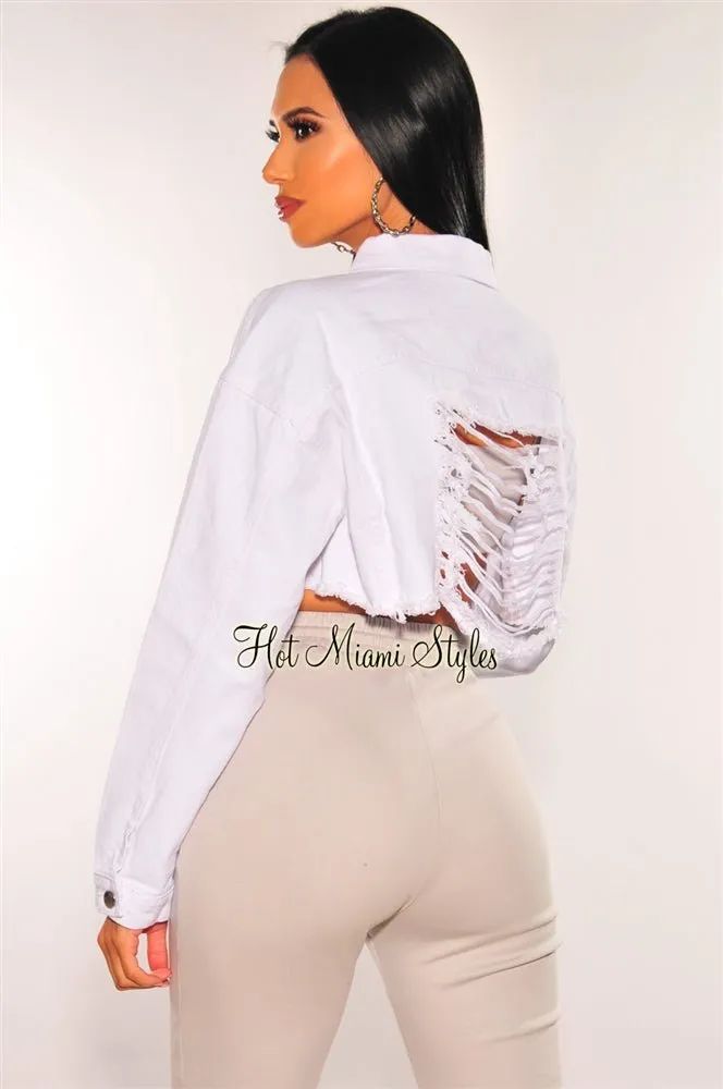 White Denim Long Sleeve Destroyed Back Cropped Jacket sold by Hot Miami Styles product image thumbnail 3