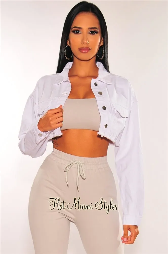 White Denim Long Sleeve Destroyed Back Cropped Jacket sold by Hot Miami Styles