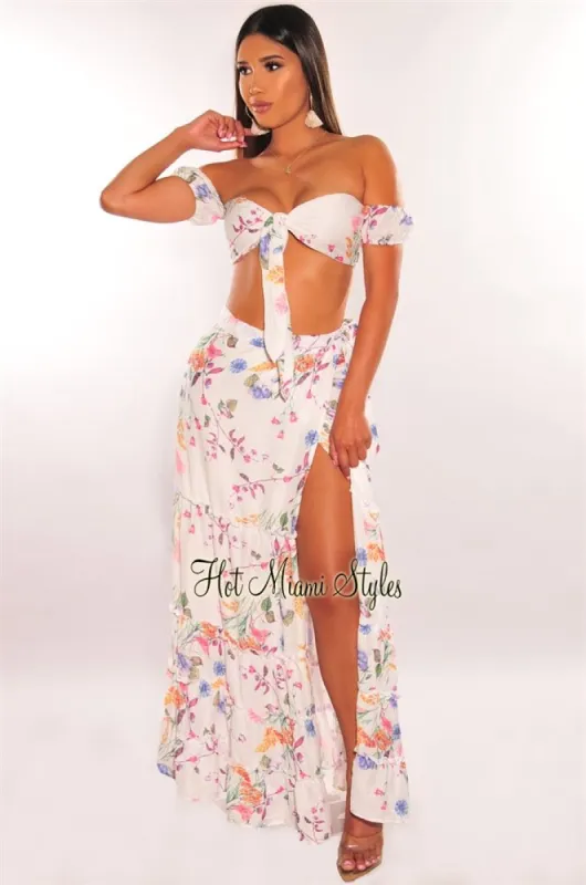 White Floral Print Tie Up Tiered Maxi Skirt Two Piece Set sold by Hot Miami Styles