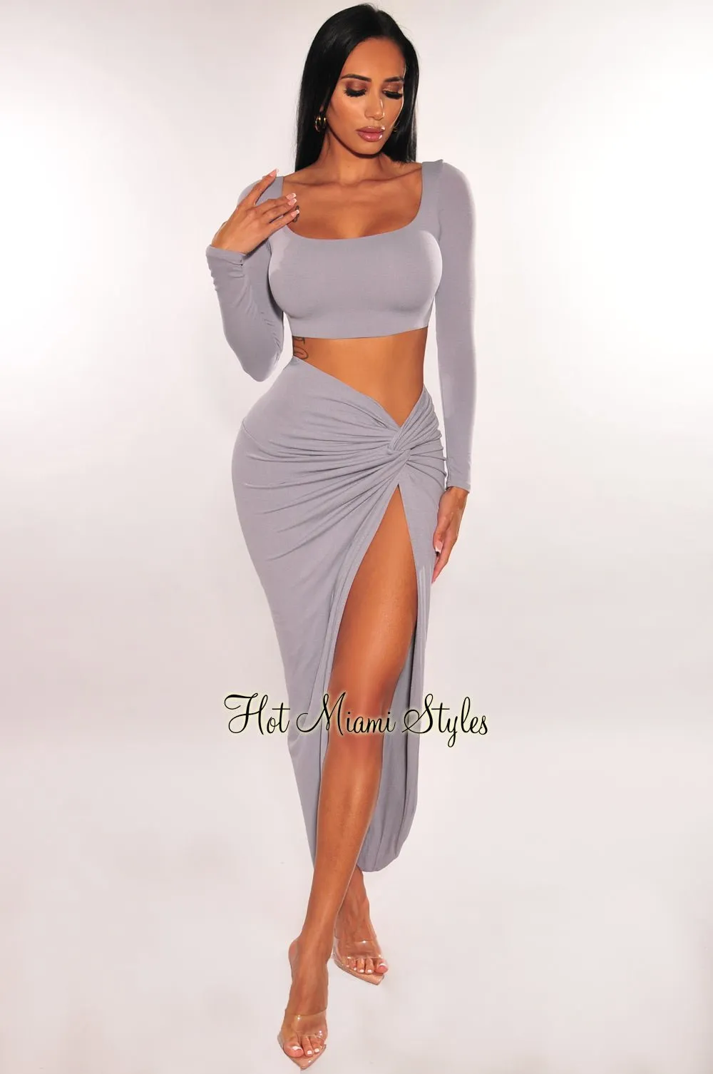 Icy Long Sleeves Knotted Slit Skirt Two Piece Set sold by Hot Miami Styles