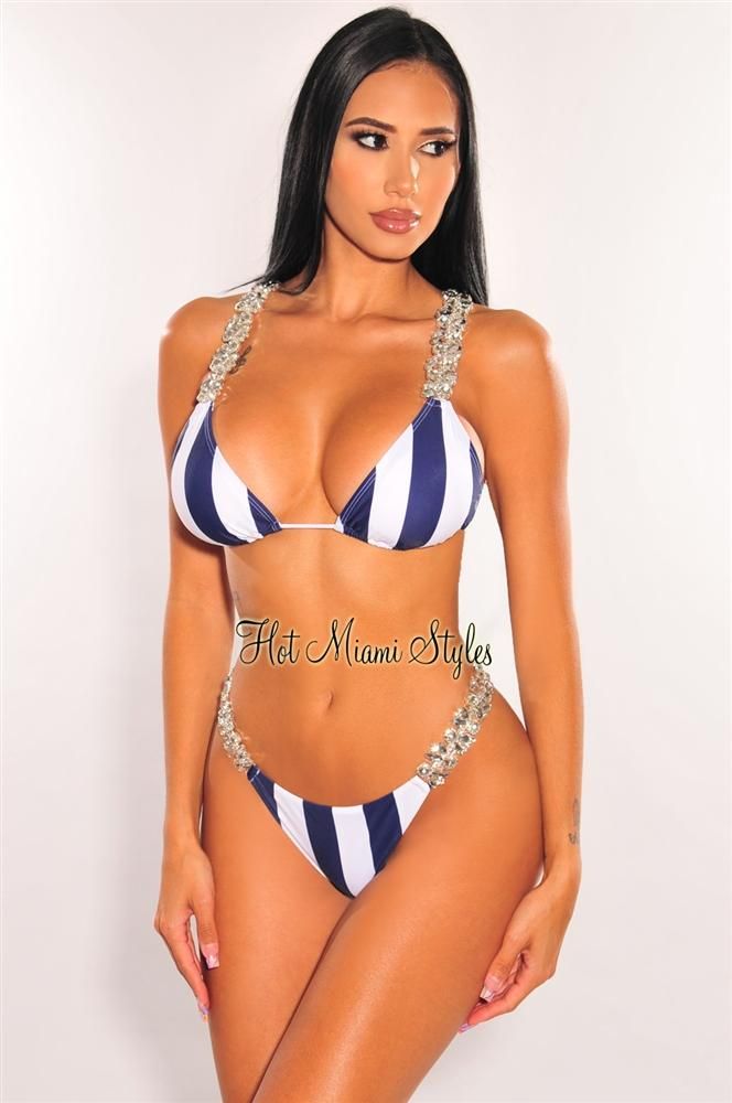 White Navy Stripes Jeweled Tie Up Padded Scrunch Butt Bikini Bottom sold by Hot Miami Styles