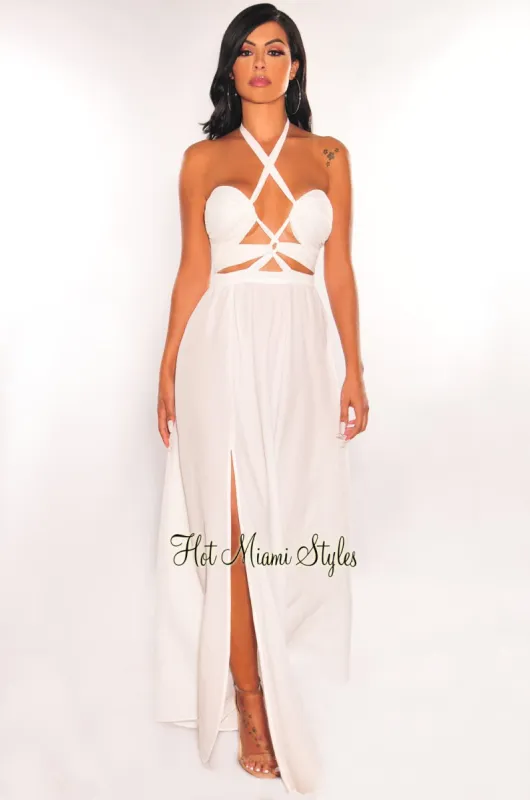 White Halter Lace Up Cut Out Slit Maxi Dress sold by Hot Miami Styles