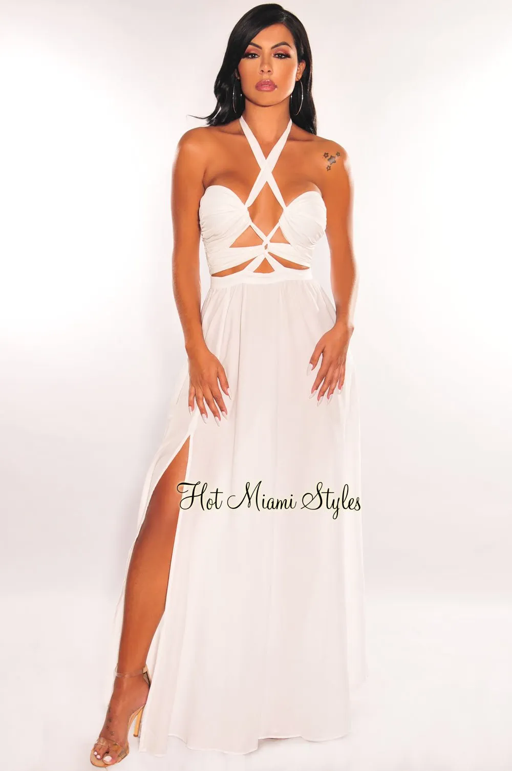 White Halter Lace Up Cut Out Slit Maxi Dress sold by Hot Miami Styles product image thumbnail 2