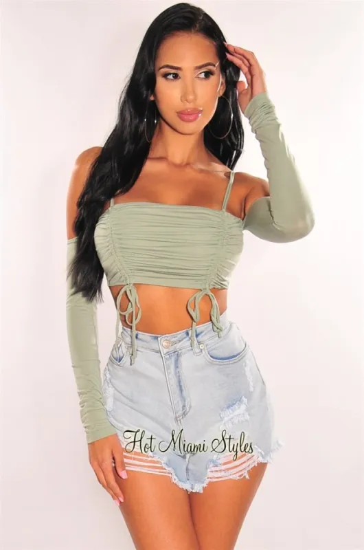 Dusty Sage Double Straps Off Shoulder Ruched Crop Top sold by Hot Miami Styles