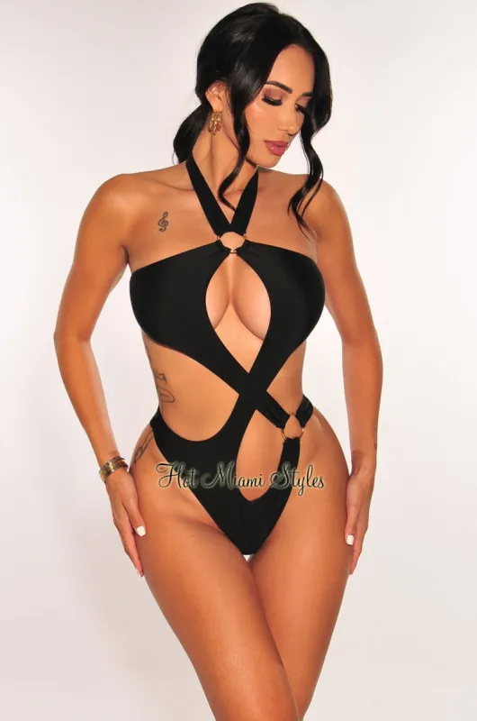 Black Halter Gold O-Ring Cut Out Ruched Swimsuit sold by Hot Miami Styles