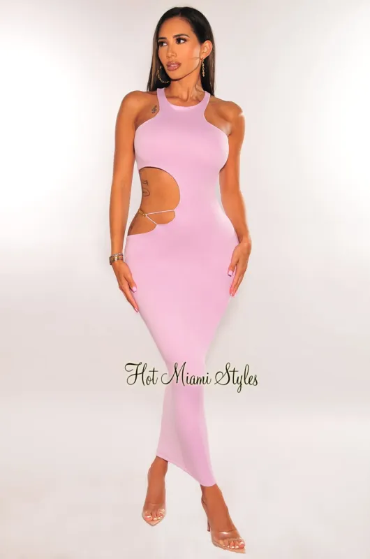 Lilac Sleeveless Gold Chain Cut Out Midi Dress sold by Hot Miami Styles