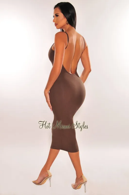 Chocolate Ribbed Knit Spaghetti Straps Scoop Back Midi Dress sold by Hot Miami Styles
