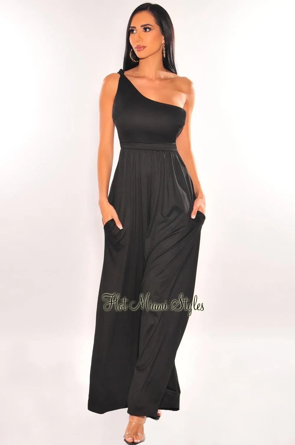 Black One Shoulder Sleeveless Palazzo Jumpsuit sold by Hot Miami Styles