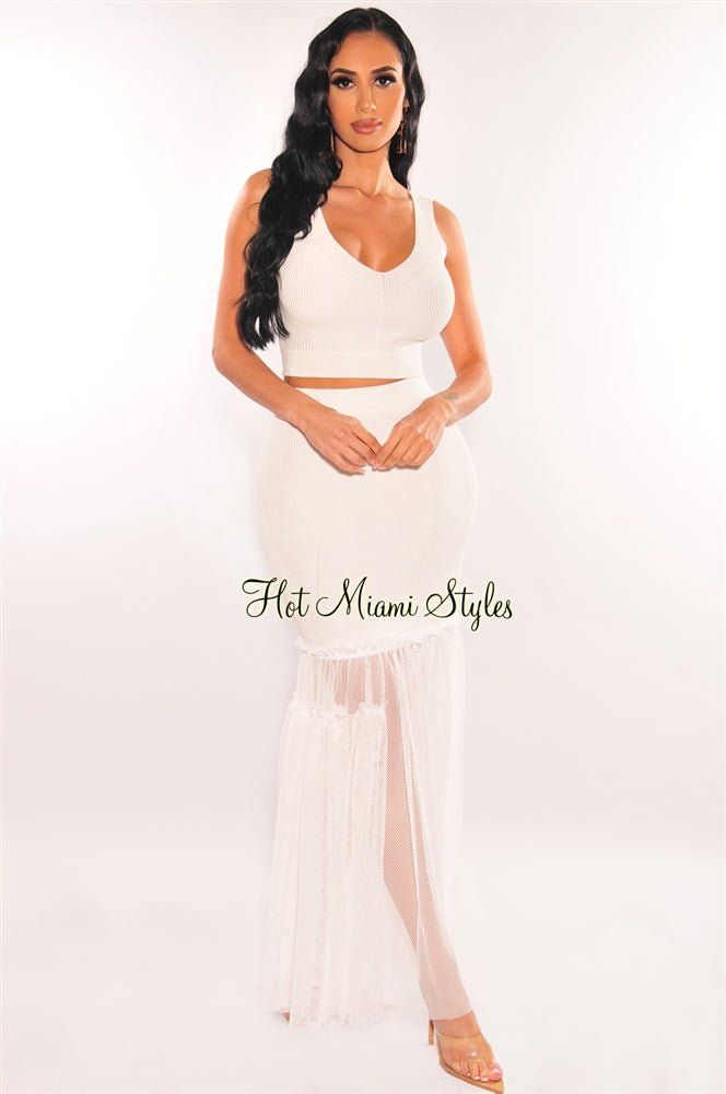 White Ribbed Knit Tank Net Skirt Two Piece Set sold by Hot Miami Styles