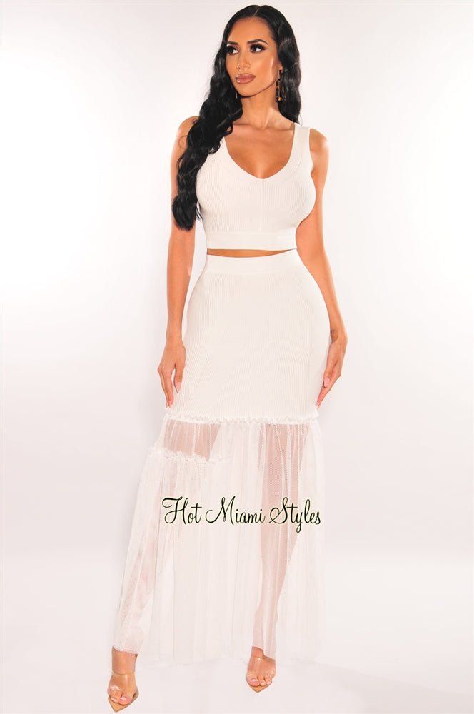 White Ribbed Knit Tank Net Skirt Two Piece Set sold by Hot Miami Styles product image thumbnail 2