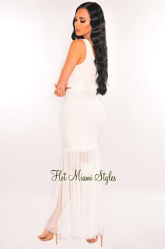 White Ribbed Knit Tank Net Skirt Two Piece Set sold by Hot Miami Styles product image thumbnail 3