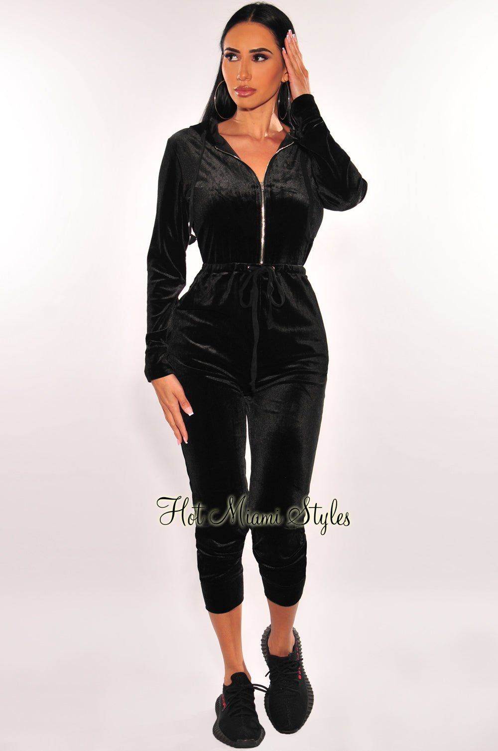 Black Velour Hooded Zipper Snatched Long Sleeve Jumpsuit sold by Hot Miami Styles