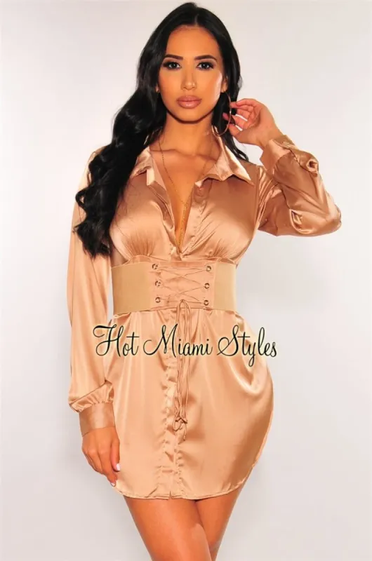 Champagne Satin Collared Button Down Belted Shirt Dress sold by Hot Miami Styles