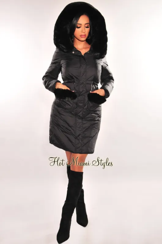 Black Faux Fur Hooded Long Sleeve Parker Puffer Coat Jacket sold by Hot Miami Styles