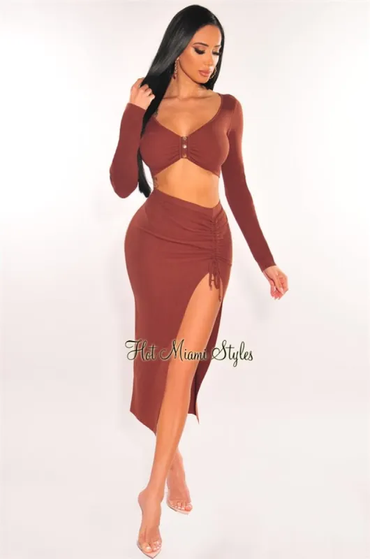 Chocolate Ribbed Knit Long Sleeve Ruched Slit Skirt Two Piece Set sold by Hot Miami Styles