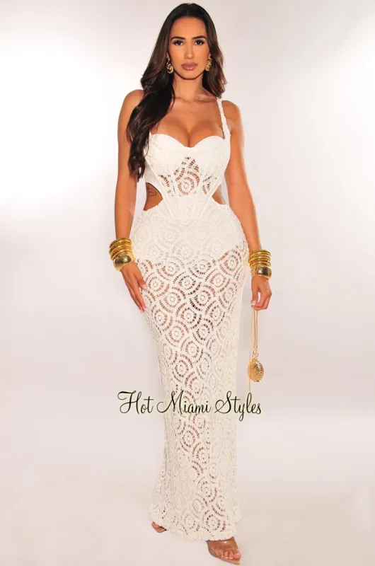 White Crochet Spaghetti Strap Padded Boned Underwire Cut Out Maxi Dress sold by Hot Miami Styles