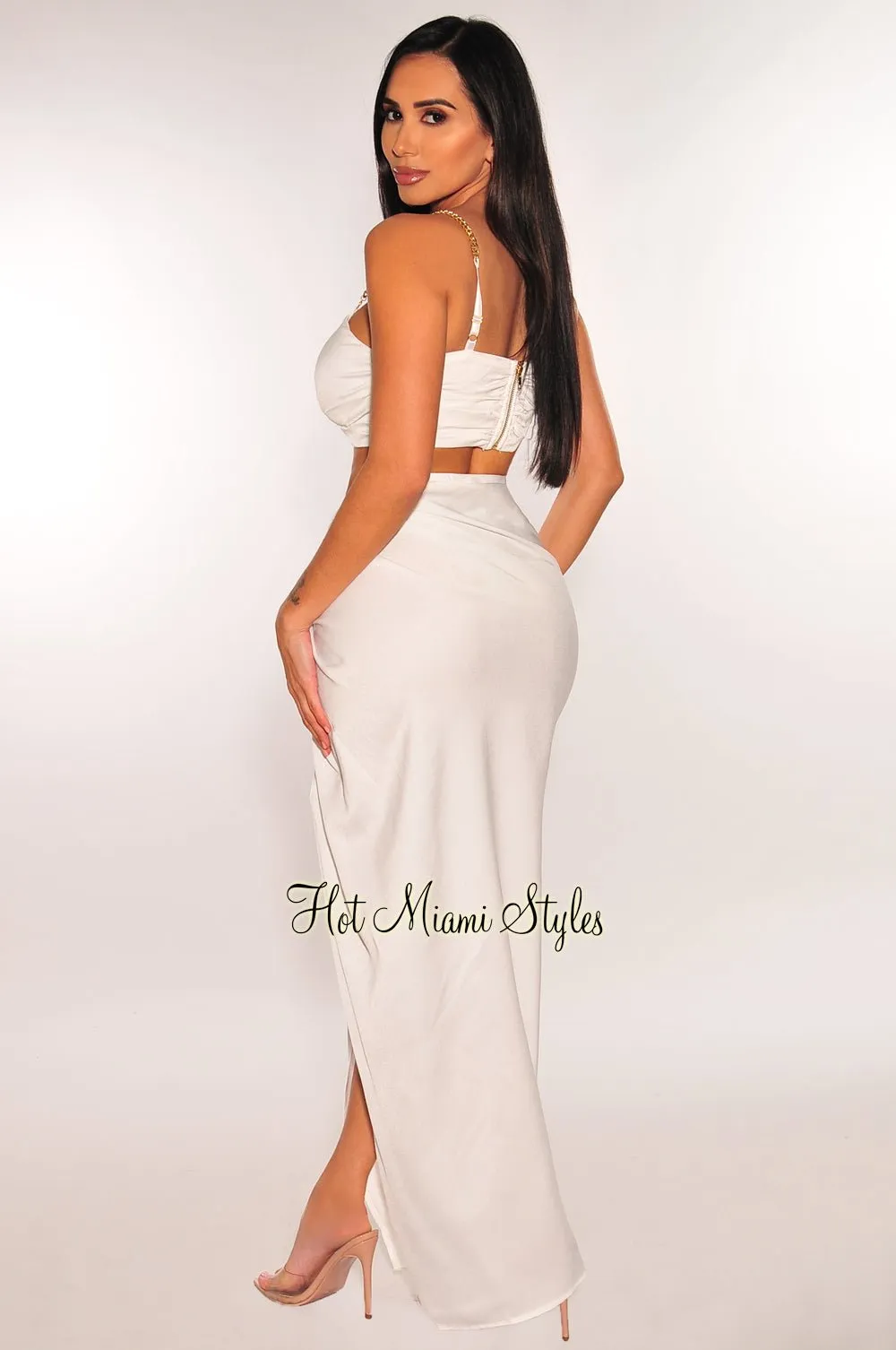 White Gold Chain Padded Knotted Slit Skirt Two Piece Set sold by Hot Miami Styles product image thumbnail 2
