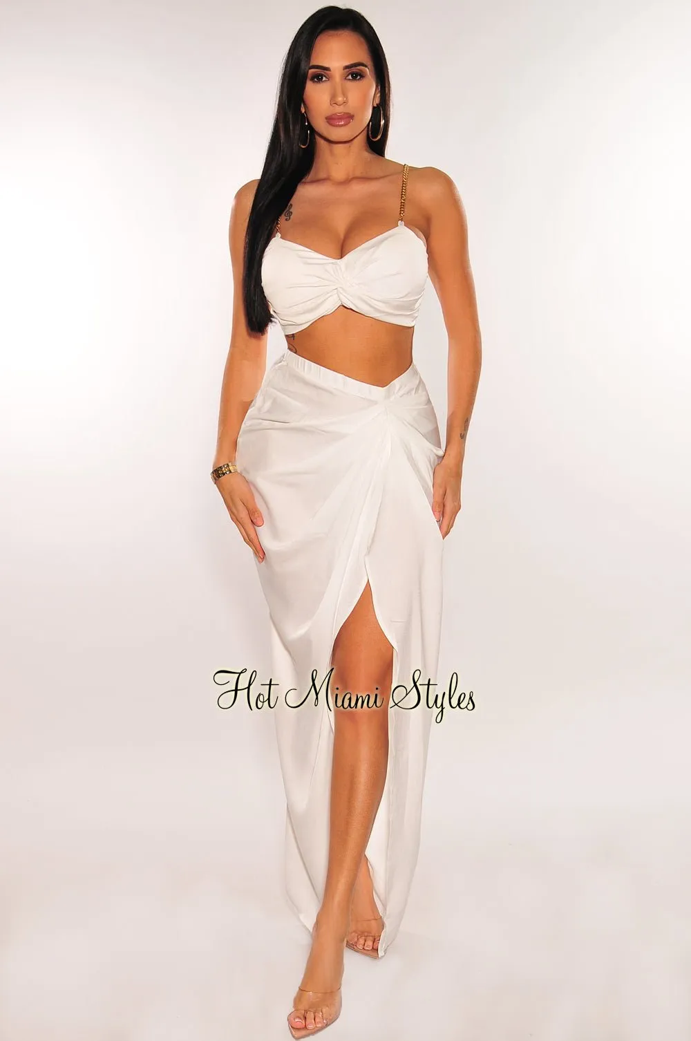 White Gold Chain Padded Knotted Slit Skirt Two Piece Set sold by Hot Miami Styles