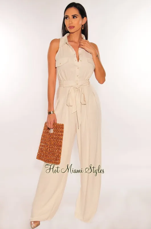 Nude Linen Sleeveless Collared Button Down Snatched Wide Leg Jumpsuit sold by Hot Miami Styles