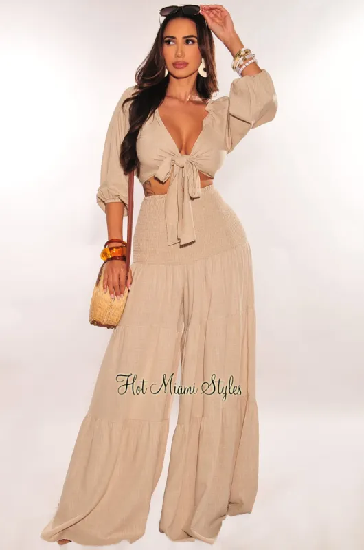 Taupe Tie Up Smocked Linen Palazzo Pants Two Piece Set sold by Hot Miami Styles