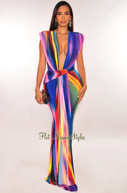Royal Ombre Print Silky Plunge Padded Shoulder Draped Maxi Dress sold by Hot Miami Styles