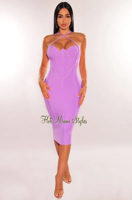 Lavender Ribbed Bandage Padded Spaghetti Straps Corset Underwire Midi Dress sold by Hot Miami Styles