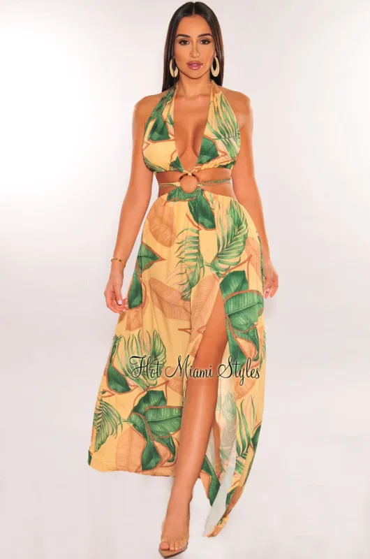 Yellow Tropical Palm Print Halter Padded Belted Slit Maxi Dress sold by Hot Miami Styles