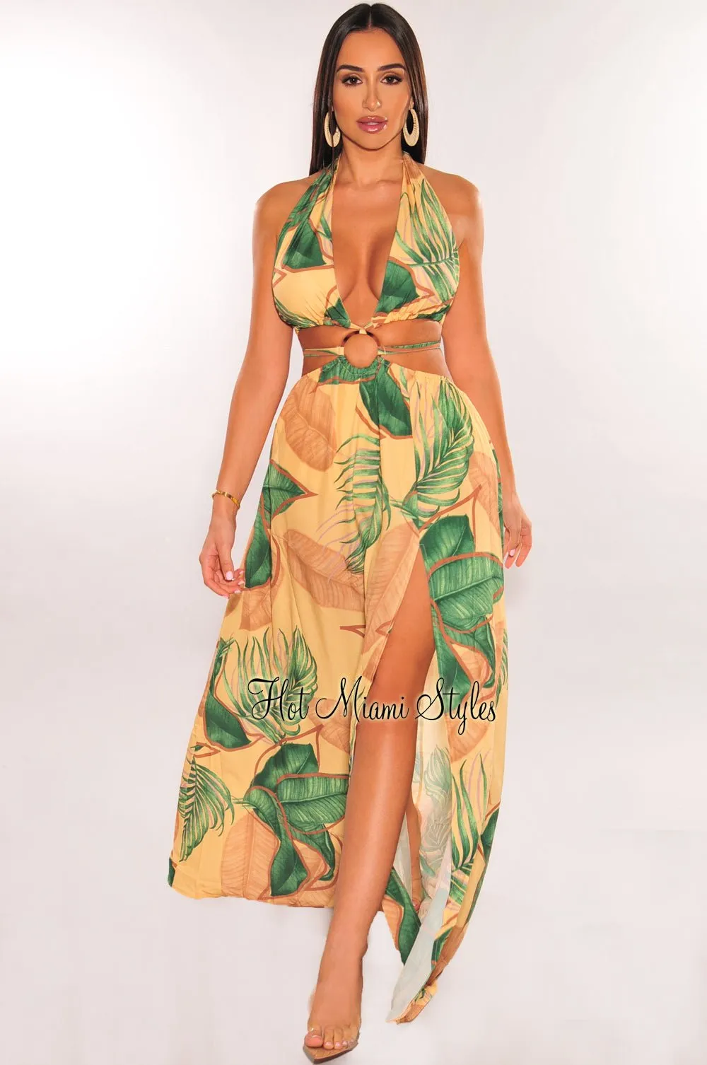 Yellow Tropical Palm Print Halter Padded Belted Slit Maxi Dress sold by Hot Miami Styles