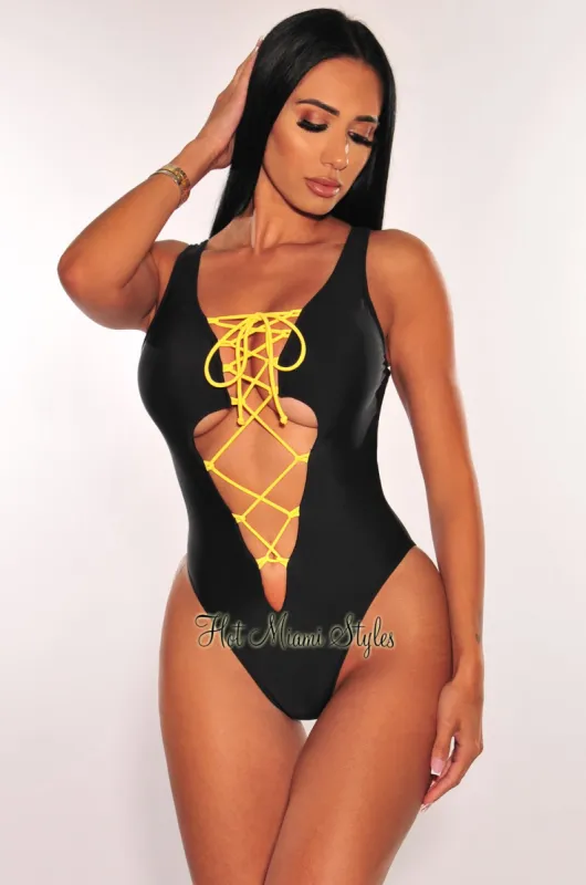 Black Yellow Padded Lace Up Keyhole One Piece Swimsuit sold by Hot Miami Styles